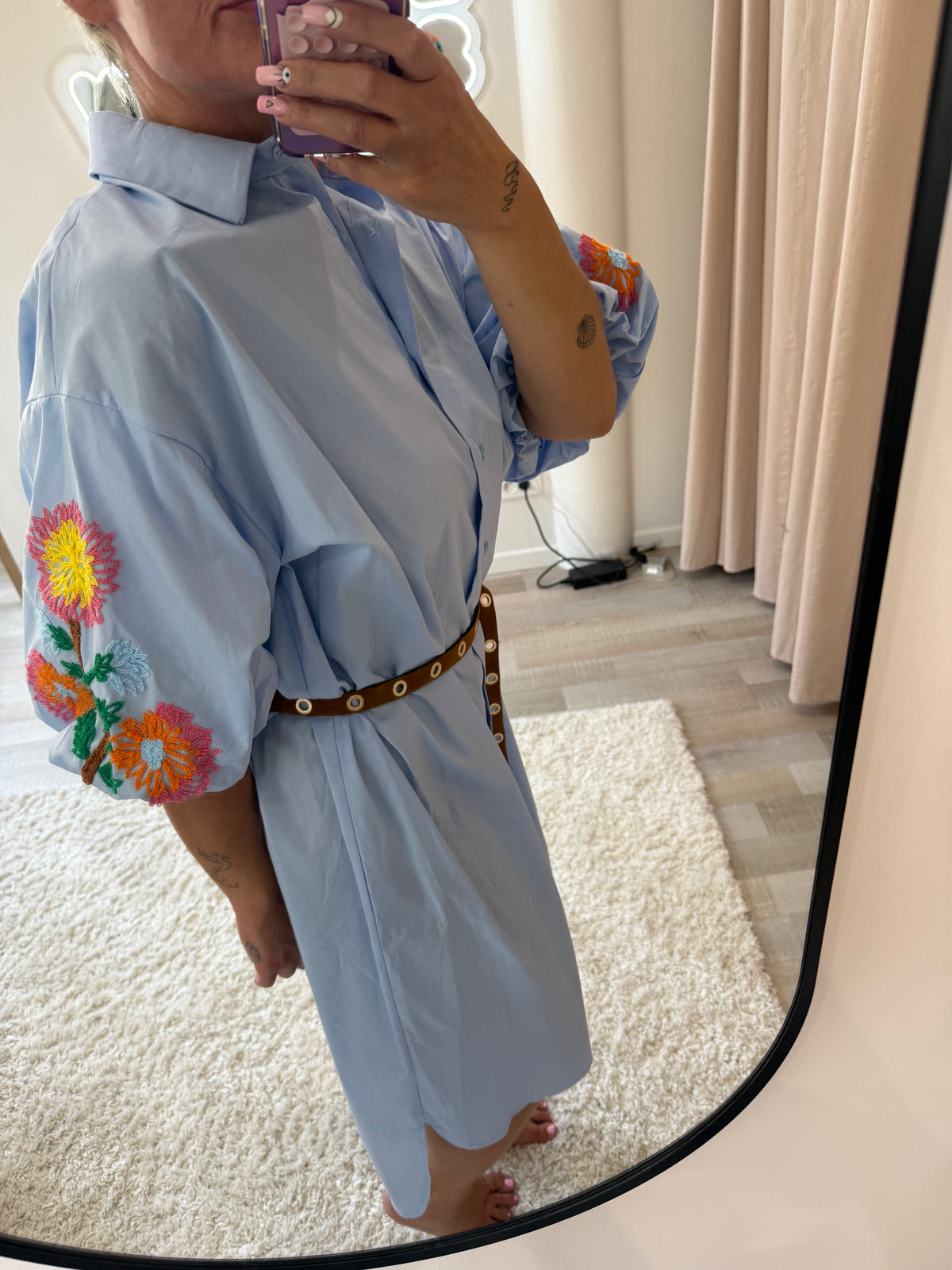 Robe chemise bleu fleuri