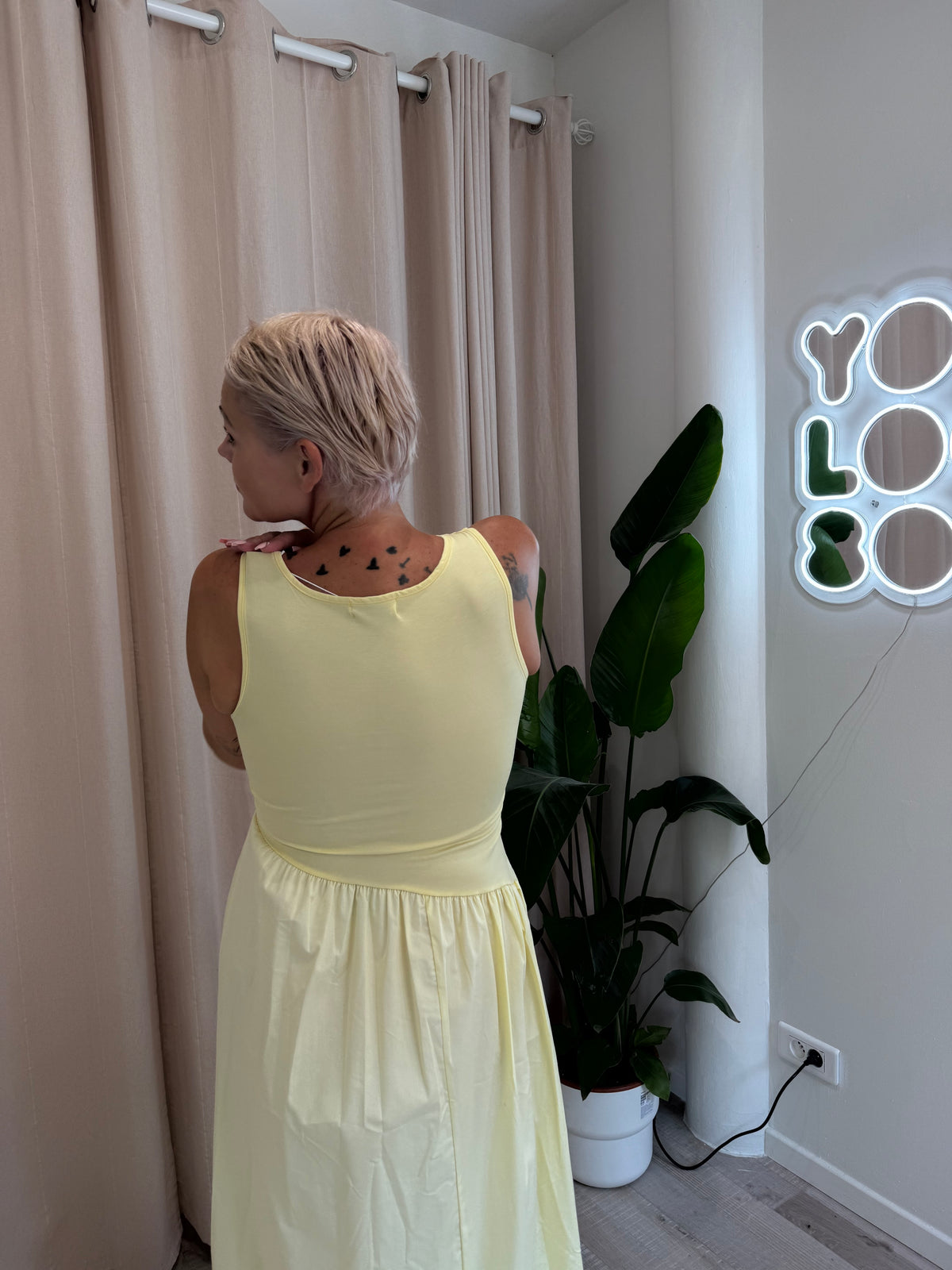 Robe longue bi-matières jaune